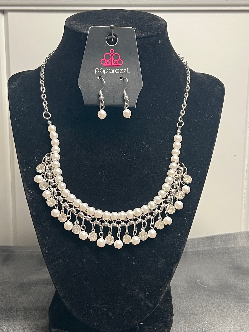 Paparazzi Silver and White Pearl Dangle Necklace with Matching Earrings